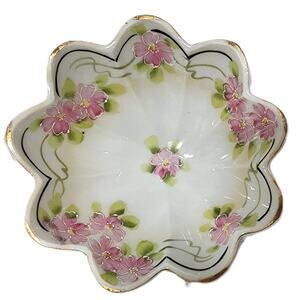Vintage Japan Footed Dish Pink Floral Gold Gilt Scalloped Porcelain 5" Bowl